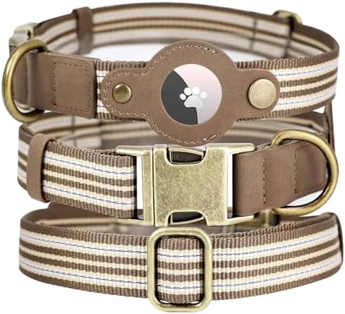 Airtag Dog Collar, Reflective Collar w Airtag Holder for Large Dogs(Brown)