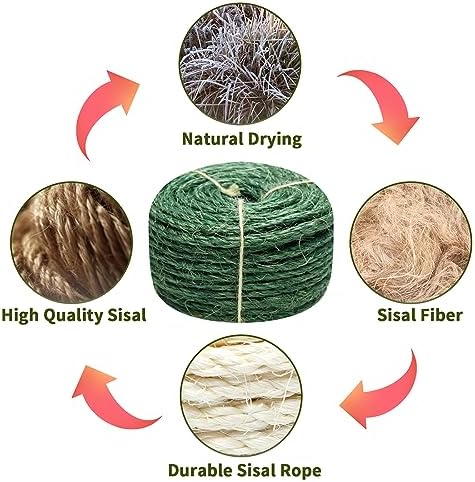 Green Sisal Rope 1/4 Inch by 49-Feet for Cat Scratching Post Tree Tower Replacement Repair and Replace, DIY Hemp Twine Rope for Kittens Shelves Furniture Window Bed Perch House Climbing, 6mm by 15m