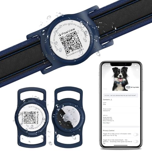 for air tag Dog Collar Holder with QR ID, Durable & Waterproof Silicone for air tag Case Accessories, Scan Alert, Instant Location, Pet Online Profile, Contacts Info (1 Pack, Navy Blue)