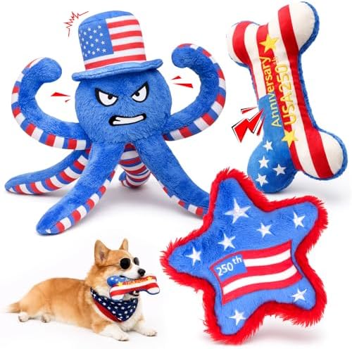 Patriotic 4th of July Dog Toys, 3-Pack Squeaky Crinkle Plush Set