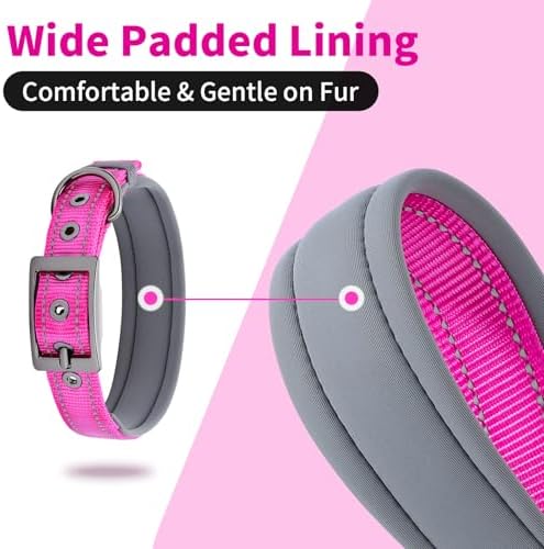 Segarty Reflective Pink Dog Collar Girl for Dogs Neck 14.5-18.9in, Adjustable Wide Soft Comfortable Breathable Neoprene Padded Nylon Collar with Heavy Duty Metal Buckle for Medium Small Breeds (M)
