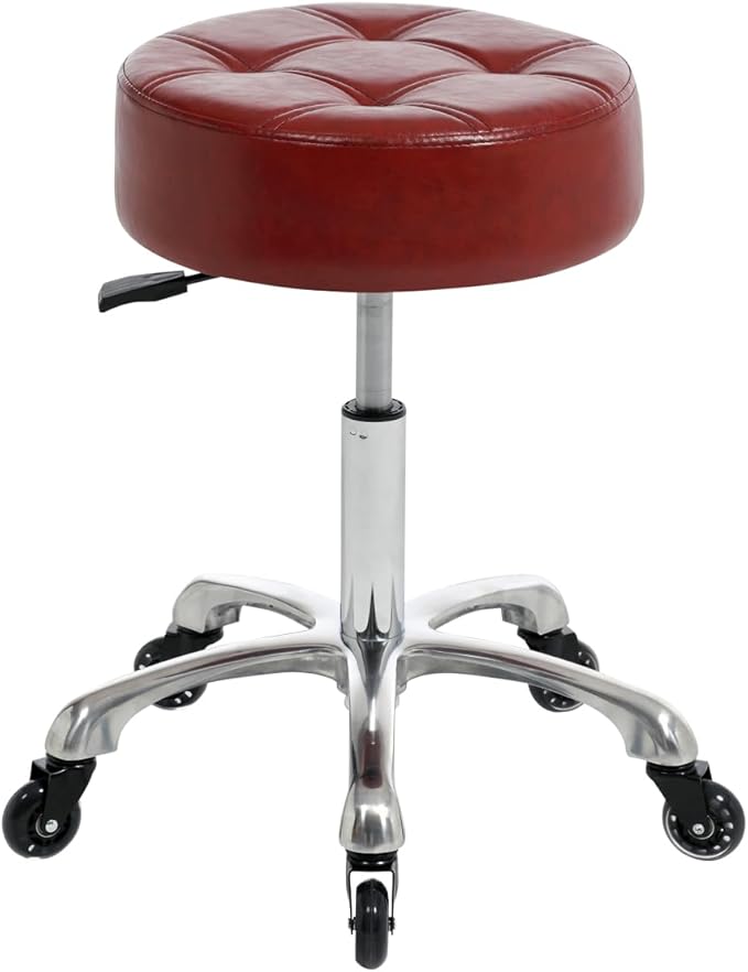 Rolling Salon Stool with Wider Round Seat- Height Adjustable Heavy-Duty Chair with Wheels for Salon Esthetician and Home Office Use, Cinnamon Red, Ivory