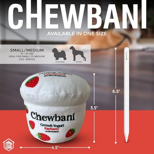 Chewbani Grrreek Yogurt – Luxurious Parody Plush Dog Toy with Squeaker, Premium Fabric, Embroidered Details, Designer-Inspired Chew Toy, Fun Gift for Small Dogs & Dog Lovers