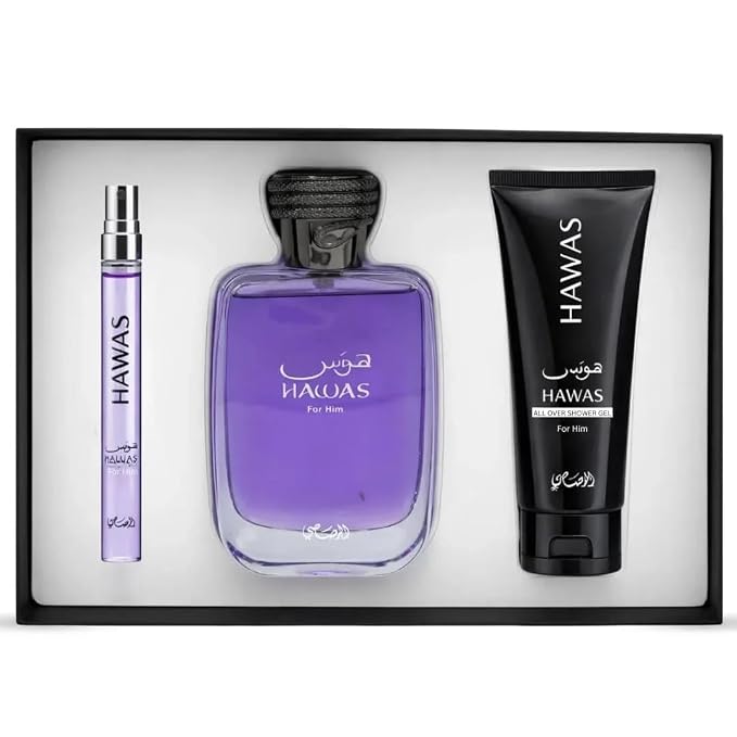 RASASI Hawas For Men 3-Piece Perfume Gift Set Eau De Parfum Spray 100ML (3.4 Oz) & 10ml (0.34 Oz) & Shower Gel 60ml (2.03 Oz)