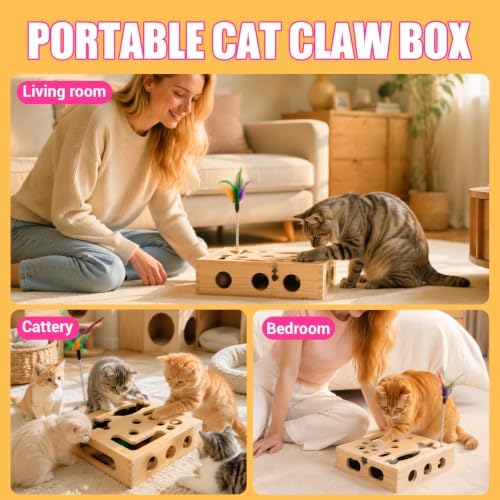 Large Cat Nail File Box, Sturdy Wood with 3 Small Balls & 2 Cat Teaser