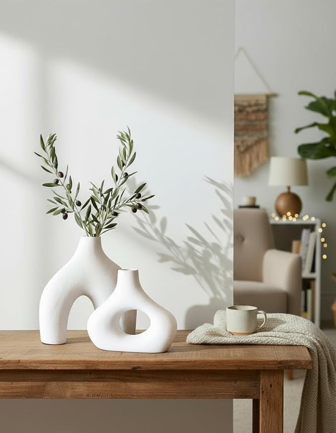 Carrot's Den Ceramic Modern Vase Set of 2, Donut Shelf Decor, Warm White | Matte pair for bookshelf and bookcase decor, mantel styling, or home staging. Holds dried stems and faux plants indoor.