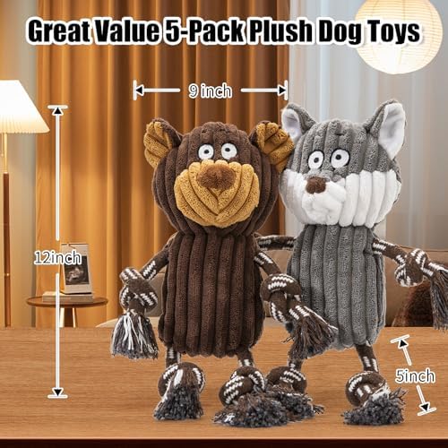 5 pack Large dog Squeaky Toys,Tough Stuffed Plush dog chew Toys Assortment ,Durable plush Animal dog Toys with Tug of War Rope to Keep Them Busy, Puppy Toys Value Bundle for Small Medium Large Dogs