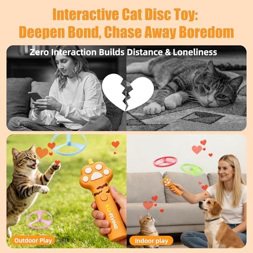 Cat Fetch Toy Launcher, Flying Disc Launcher with Rechargeable & 6 Soft Flying Discs (3 Glow), Easy Use Interactive Toys for Indoor Adult Cats & Kittens for Enrichment