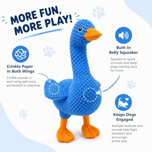 Blue Plush Duck Dog Toy, Stuffed Squeaky Toy with Crinkle Paper