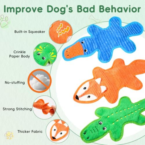 3 Pack No Stuffing Crinkle Durable Squeaky Dog Toys Plush Puppy Chew Toys