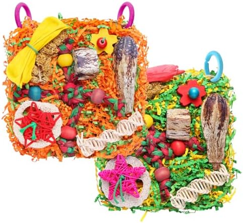Bird Toys for Small & Medium Parrots - Natural Foraging & Shredding Cage Hanging Toys with Seagrass Mat, Starfruit, Loofah Slices for Budgies, Cockatiels, Lovebirds, Conures (2 PCS)
