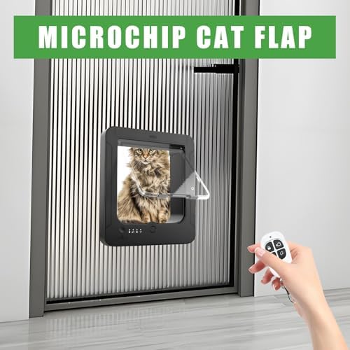 Microchip Cat Door - Smart 4-Way Locking Pet Door with Remote Control and Two Sensor Collars for Safe Entry, Automatic Sensor Gate for Cats Dogs, Doorway, Wall, Patio, Porch, Balcony, Hallway, Home