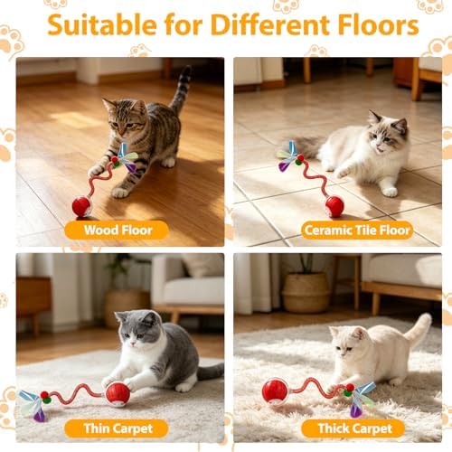 Interactive Cat Toys Ball for Indoor Cats, Automatic Self-Rolling, Motion-Activated, Bird Chirping Cats Dogs Ball Toy with Elastic Mesh Tail, Cat Enrichment Toys for Indoor Cats (Red)