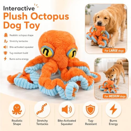 Squeaky Dog Plush Chew Toy, Interactive Tug Squeaky Toy for Chewers, Medium & Large Dogs & Fetch Play, 19.7 Inch Stuffed Octopus Toy with Flexible Spring Tentacles for Gentle Gum Care & Boredom Relief