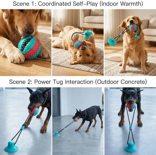 Dog Chew Toys Suction Cup Ball with Bell Interactive, Rubber Molar Teeth Cleaning Ball for Food Dispensing and Tug-of-War Games(Blue‑Red)