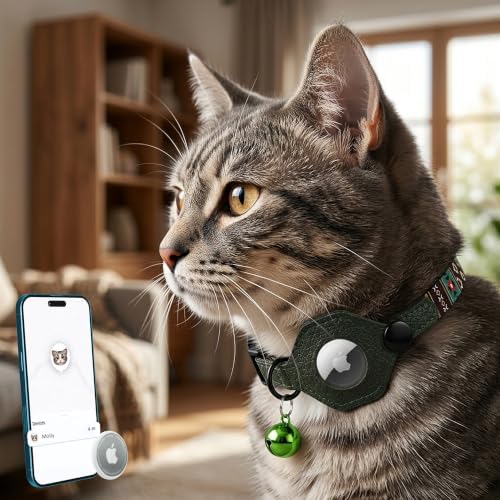 Breakaway Cat Collar with Leather AirTag Holder & Bell - Apple Air Tag Cat Collars for Girls & Boys, Lightweight Anti-Lost GPS Tracker Design, Printed Pattern - Safety and Adjustable (Tribal)