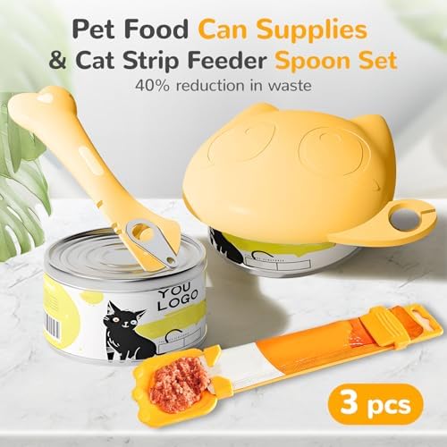 BAEJMJK Silicone Cat &Dog Food Can Cover Lid and Spoon With One Cat Strip Feeder 3Pcs Pet Cats Supplies Set Cute Shape Cats Wet Food Spoon(Opener/Spatula) Universal Can Cover（Yellow）