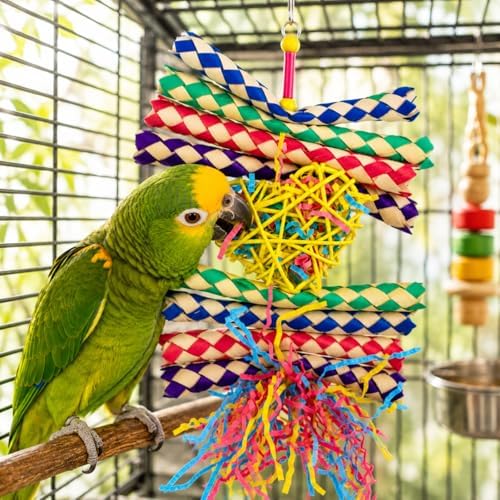 Bonka Bird Toys 1730 Foraging Valentine Heart Bird Toy for Medium Birds Shredding and Chewing Cage Toy Colorful Palm Leaf and Paper Foraging Toy 9" x 6" (Pack of 2)