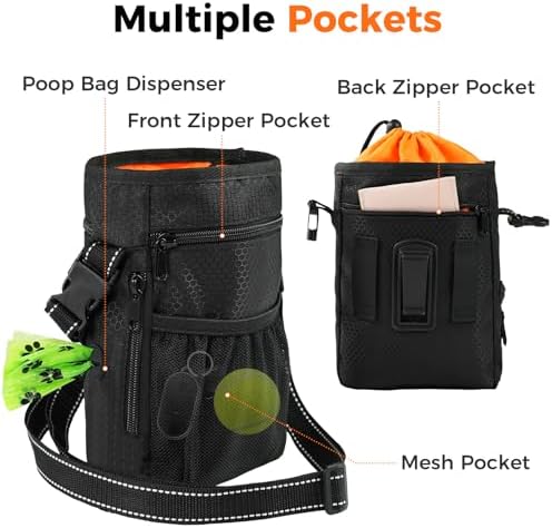 Aosbos Dog Treat Pouch with Built-in Poop Bag Dispenser & Easy-Clean Liner - Dog Training Treat Bag with Reflective Strap & Belt Clip, Black Orange