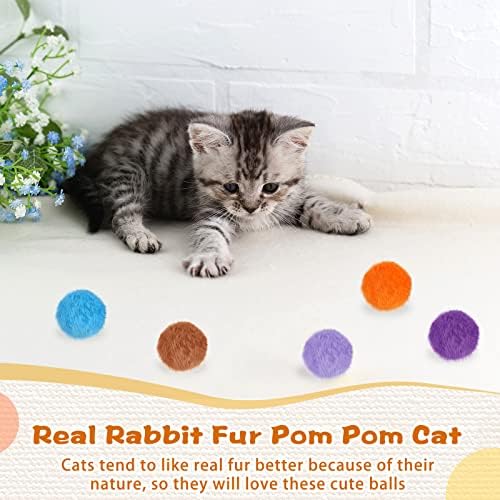 LEIFIDE 12 Pcs Real Rabbit Fur Ball Poms Cat Toys, Bright Color