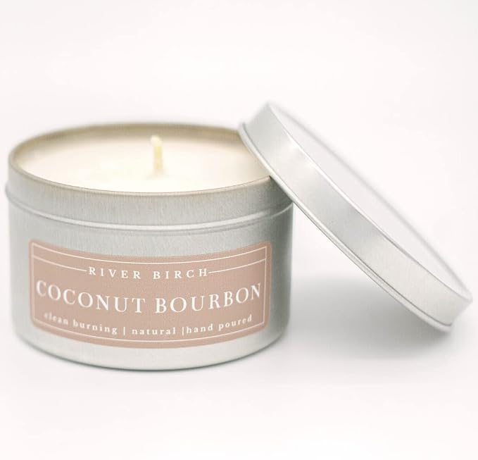 River Birch Premium All-Natural, Non-Toxic Soy Candle | 8 oz. Silver Tin Travel Candle | Cozy Relaxing Coconut Bourbon Scented Gifts for Home