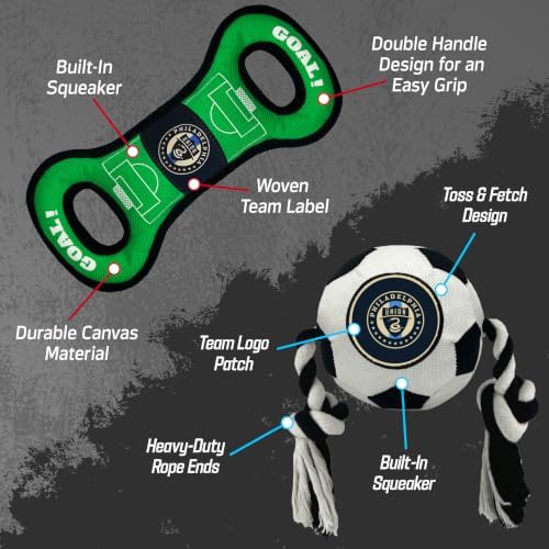 Pets First MLS Philadelphia Union Soccer Field Tug Toy & Soccer Ball Rope Toy Set for Dogs - Officially Licensed Interactive Squeaky Rope Fetch & Chew Toys with Team Logo