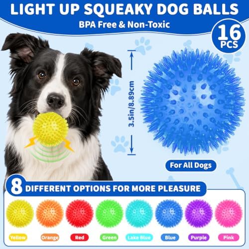 16 Pcs 3.5 In Light Up Squeaky Dog Balls 8 Colors LED Spiky Dog Toy Ball Glow in The Dark Interactive Fetch Ball TPR Bouncy Floating Toy for Aggressive Chewers Small Medium Large Dogs Indoor Outdoor