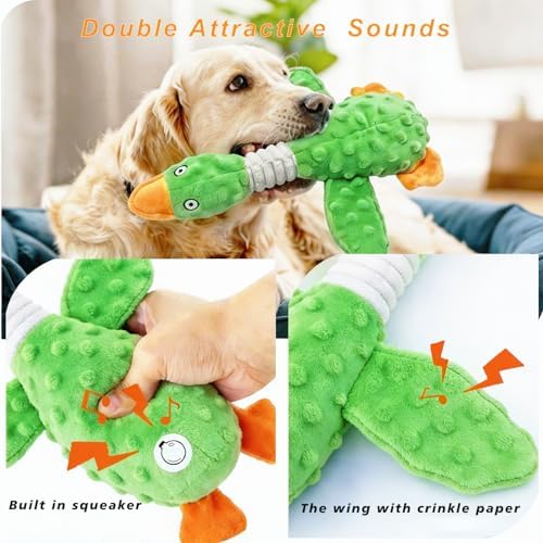 Squeaky Dog Toys for Aggressive Chewers, Durable Stuffed Animal Plush Dog Toy with Soft Fabric for Large, Medium & Small Dogs, Interactive Puppy Chew Toy for Teething, Crinkle Duck Dog Toy - Green