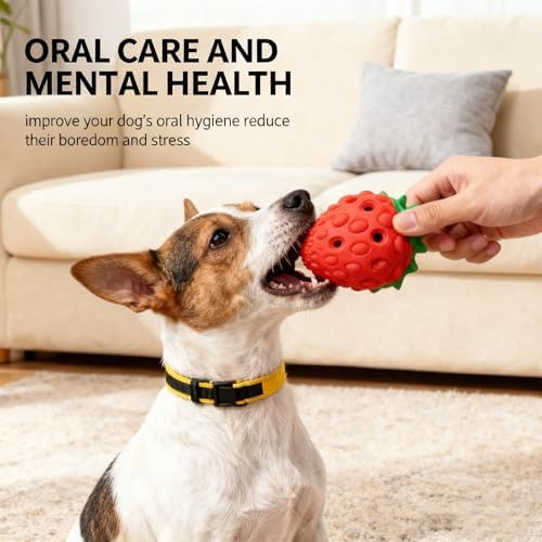 Strawberry Chew Toy for Dogs, Natural Rubber Balls for Aggressive Chews, Cleans Teeth and Gums, Treat Food Dispensing Toys, Indestructible Dog Toys, Toy for Dog Interactive