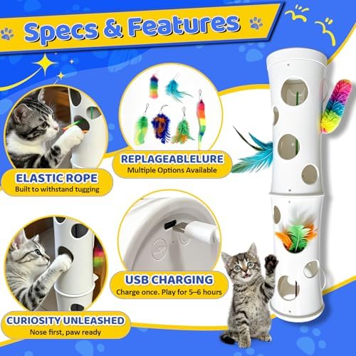 Cat Toys Interactive for Indoor Cats, Mounted Feather Automatic Enrichment Cat Toy with Speed Adjustable Smart Activated for Kittens & Bored Adult Cats, USB Rechargeable, Perfect For Indoor Cats