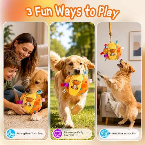 Colorful Squeaky Hanging Dog Toy for Pet Parents, Trainers & Multi-Dog Households – Soft Cotton Plush with Built-in Bell & Squeaker – Stretchy Elastic for Indoor/Outdoor Fetch & Training