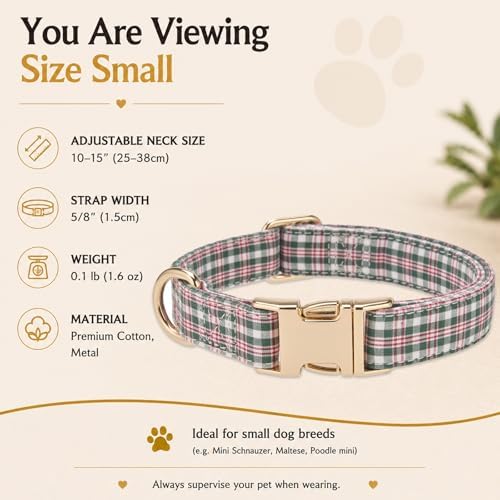 Soft Cotton Dog Collar Classic Plaid Pet Collars with Metal Clasp for Small Dogs with Sensitive Skin, Heritage Red Green