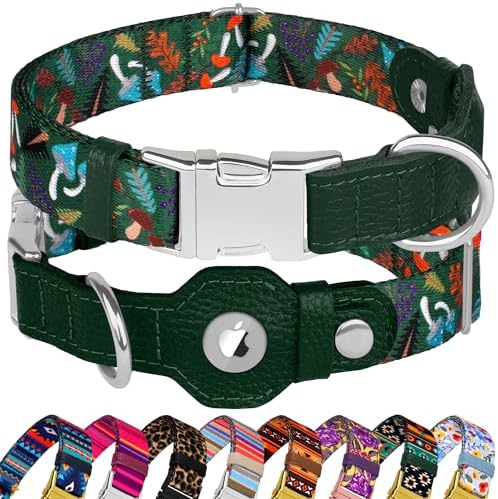 AirTag Dog Collar for Small Medium Large Breed - Adjustable Cute Pattern Dog Collar with Airtag Holder - Soft Leather Tracker GPS Apple Air Tag Pet Collars (X-Small, 9"-12" Neck Fit, Mushroom)