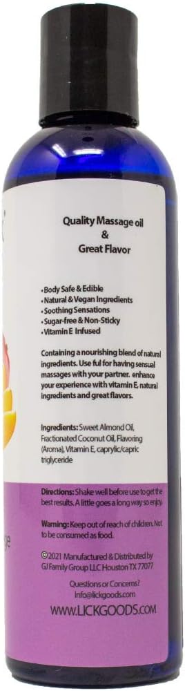 Lick Mango Flavored Massage Oil – Juicy Tropical Edible Massage Oil with Sweet Almond Oil & Vitamin E, Smooth Long-Lasting Glide for Couples Massage, Date Night Favorite, 4 oz