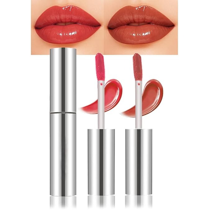 2Pcs Full-On Plumping Liquid Lip Gloss, Red & Brown Hydrating Lip Plumper Lip Blam Lipstick, High-Shine Tinted Formula for Fuller, Nourishes, Moisturizes & Softens Lips, Cruelty-Free (02+03)