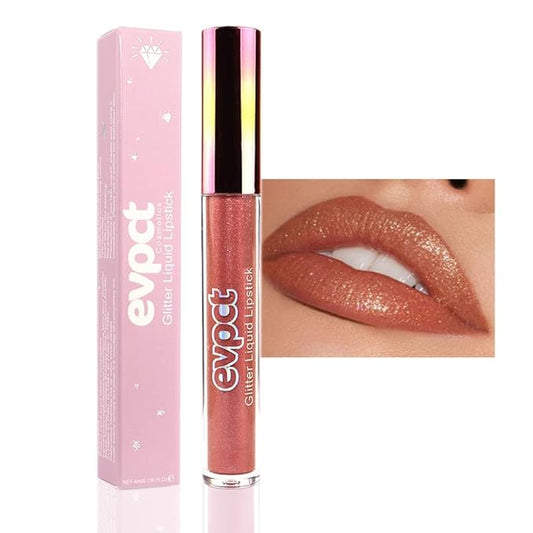 evpct 1Pcs Bronze Gold Matte to Glitter Liquid Lipstick Lip Set Kit, Long Lasting Matte Diamond Glitter Lipstick Waterproof, Colorful Sparkly Glossy Metallic Shimmer Sparkle Lip Gloss for Women 05#