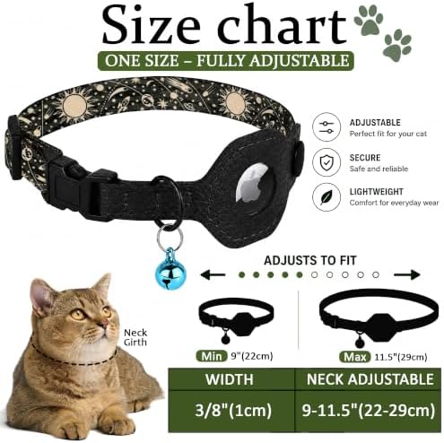 Breakaway Cat Collar with Leather AirTag Holder & Bell - Apple Air Tag Cat Collars for Girls & Boys, Lightweight Anti-Lost GPS Tracker Design, Printed Pattern - Safety and Adjustable (Space)