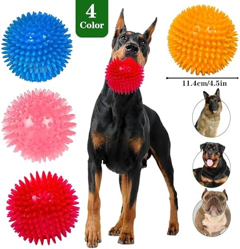 4.5″ Squeaky Dog Balls 4 Color Dog Toys Balls for Medium Large Dogs Pet Puppy Chew Toys for Teething No Odor Durable Spiky Balls for Teeth Cleaning and Training for Large Dogs (Large)
