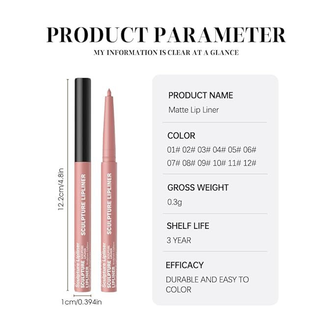 12 Colors Matte Lip Liner Pencil – Long Lasting Waterproof Lip Liner, Smudge Proof Transfer Proof Lip Pencil, High Pigment Lip Makeup for Defining & Filling Lips (01#, 1PCS)