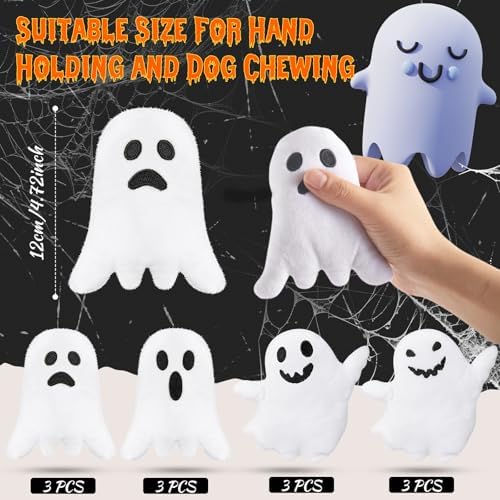 Civaner 12 Pcs Halloween Squeaky Dog Toys Bulk Ghost Stuffed Plush Toys for Dogs Interactive Teething Chew Plaything for Halloween Small Medium Large Pets Teething Cleaning and Training