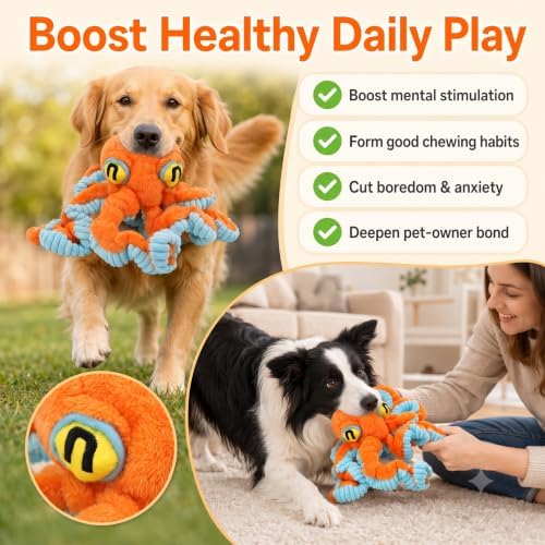 Squeaky Dog Plush Chew Toy, Interactive Tug Squeaky Toy for Chewers, Medium & Large Dogs & Fetch Play, 19.7 Inch Stuffed Octopus Toy with Flexible Spring Tentacles for Gentle Gum Care & Boredom Relief