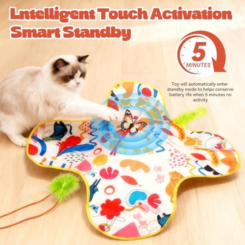 Cat Toys for Indoor Cats, 4in 1 Interactive Cat Toys Rechargeable with Butterfly, Feathers, Setaria Viridis, Real Animal Squeaky, Indoor Kitty Exercise Automatic Pet Toys with 2 Covers for All Breeds