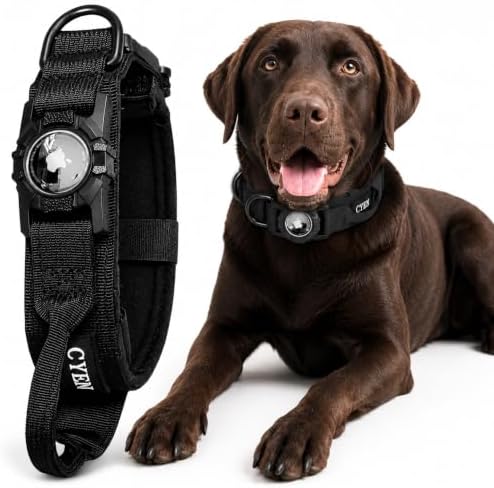 Heavy Duty Tactical Dog Collar with Tracker Pocket,Adjustable GPS Tracking Collar for Small, Medium & Large Dogs, Compatible with Compact Smart Trackers,Control Handle for Added Security (Black, M)