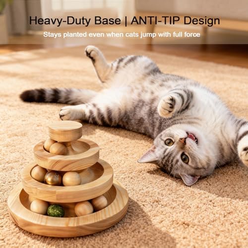 Solid Wood Cat Ball Track,Heavy Duty 3-Tier Interactive Cat Toy Tower with 9 Removable Balls,Bell & Catnip,No Assembly Required,Anti-Tip Sturdy Base for Indoor Cats, Kittens & Large Cats