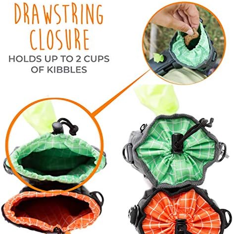 Mighty Paw Dog Treat Bag - Drawstring Closure Pouch - Includes Carabiner Hook and Pick-up Bags - Dog Paw Treat Bag - Pet Training Pouch - (Grey/Green)