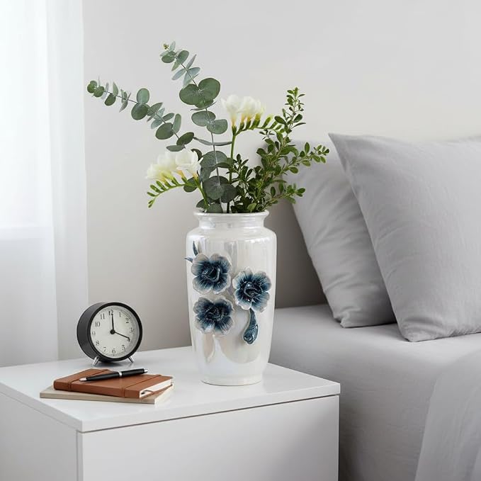 White Ceramic Vase 7 Inch - Small Modern Vase for Flowers, Boho & Farmhouse Decor for Bookshelf and Desk Decorations