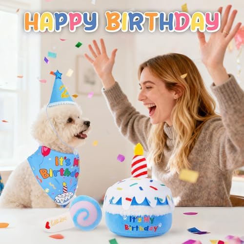 KIPRITII Dog Birthday Supplies with Cake Toys, Bandana & Hat for Small Dogs