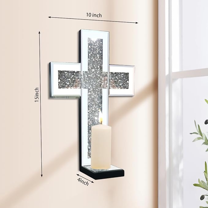 Mirrored Wall Candle Sconces Holder Set of 2, Wall Decor Living Room | Crystal Crushed Diamond Silver Wall Decorations, Ideal for Entryway, Hallway, Bedroom, Dining Room