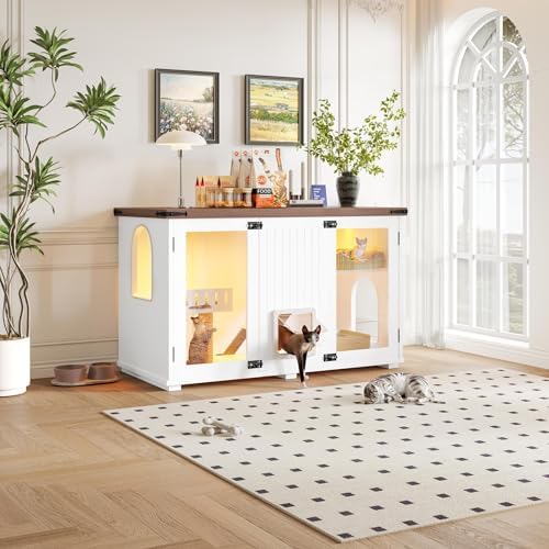 Vinsetto 47.2" Large Cat Litter Box Enclosure LED Light Cat House White