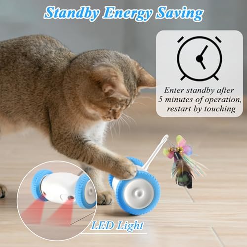 Interactive Cat Toy for Indoor Cats, Smart Toys with 2 PCE Feathers, Automatic Moving Wheels Toys for Kitten, Rechargeable Mouse Cat Toy for Bored Adult Cats